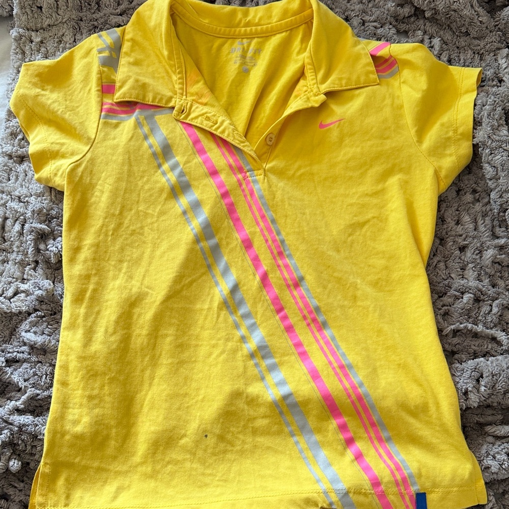 Nike Yellow Polo with Pink & Silver Diagonal Stripes